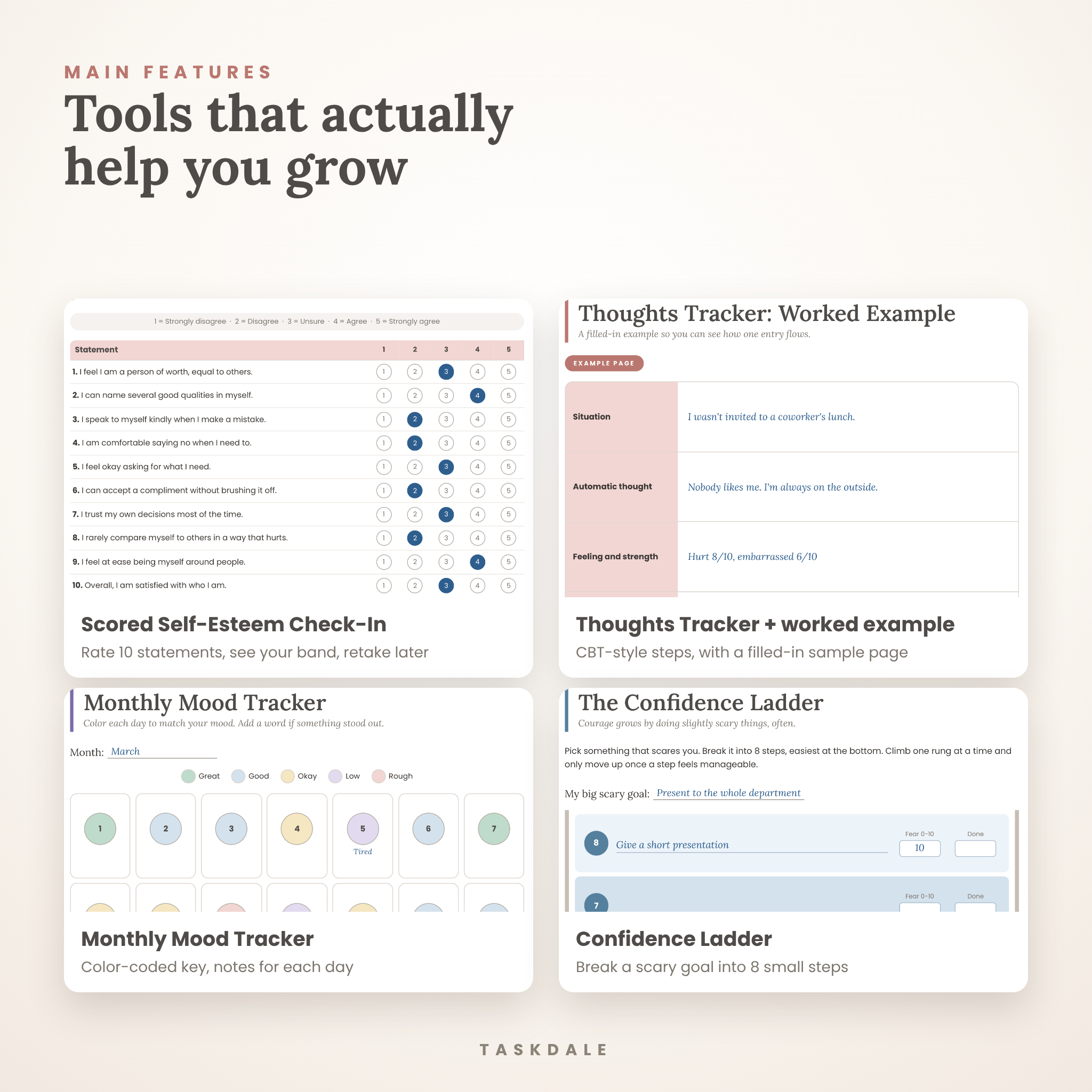 Self-esteem workbook features: scored check-in, thoughts tracker, mood tracker, confidence ladder