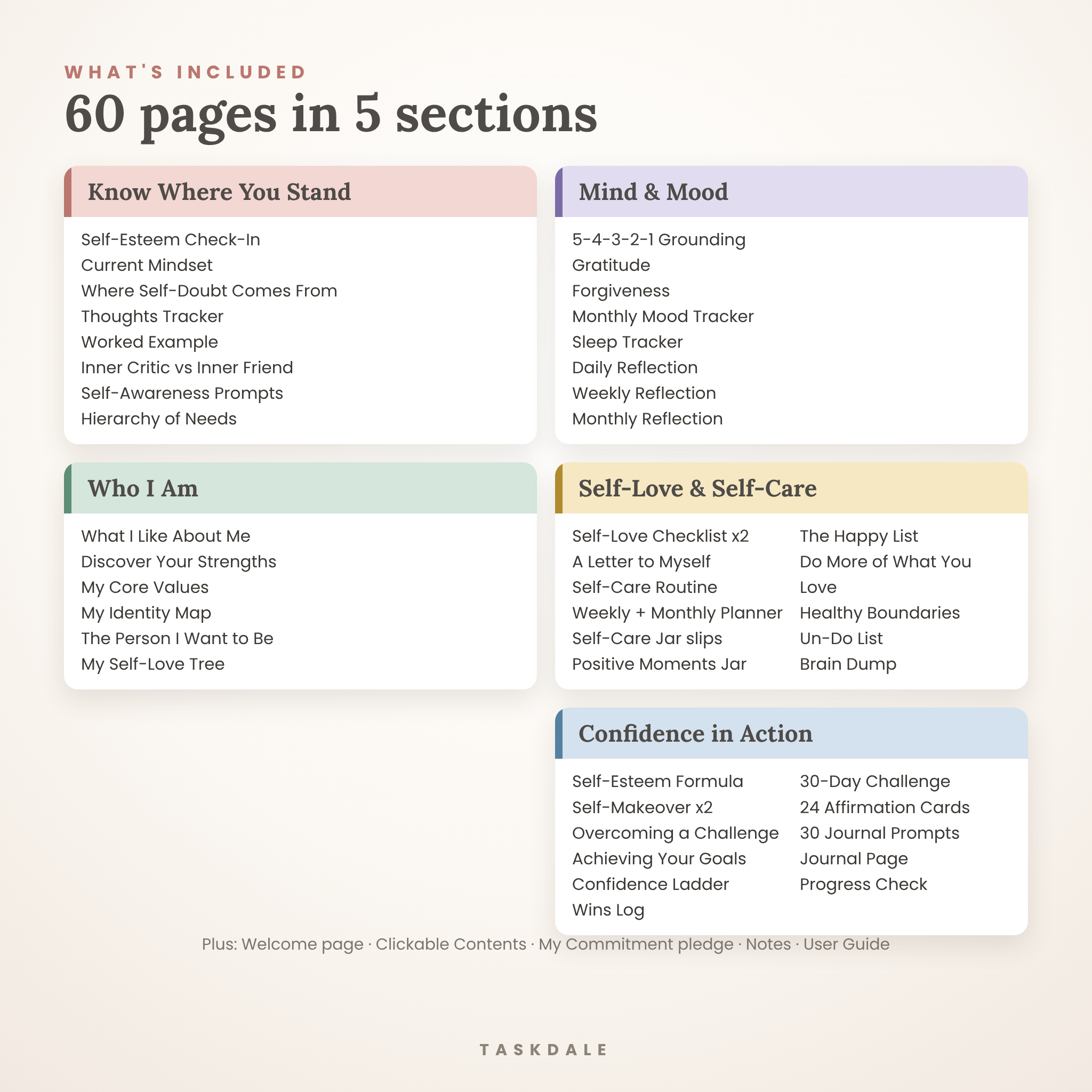 What's included in the 60-page self-esteem and confidence workbook