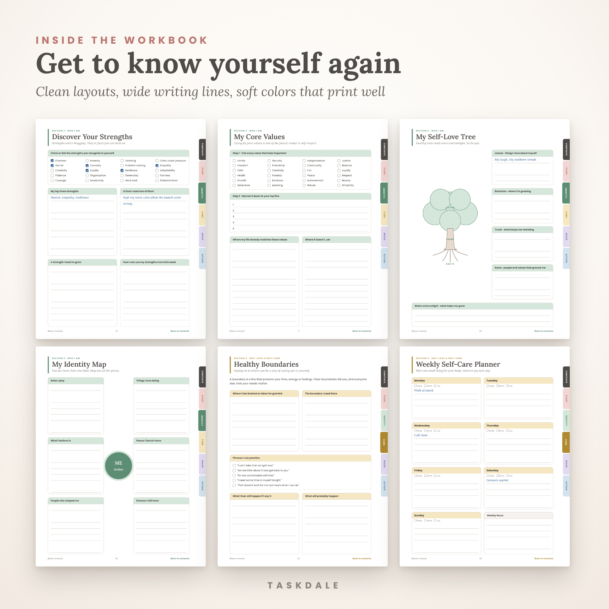 Inside pages: strengths, values, self-love tree, identity map, boundaries, self-care planner