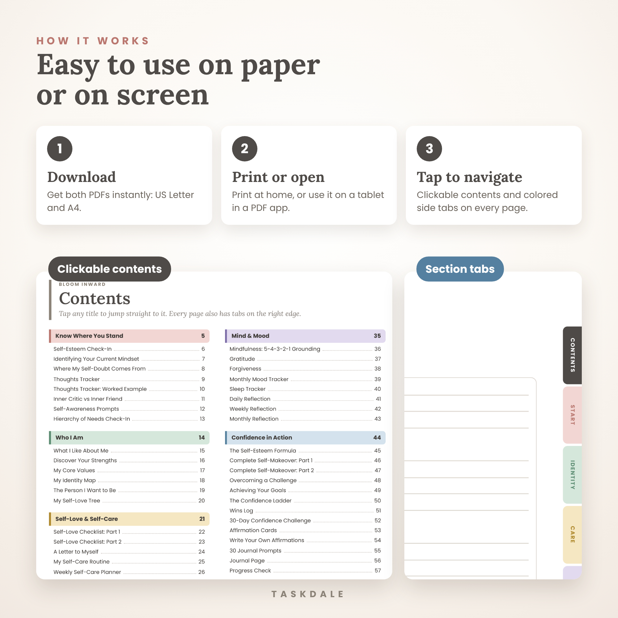 How the printable workbook works: download, print, clickable contents and section tabs