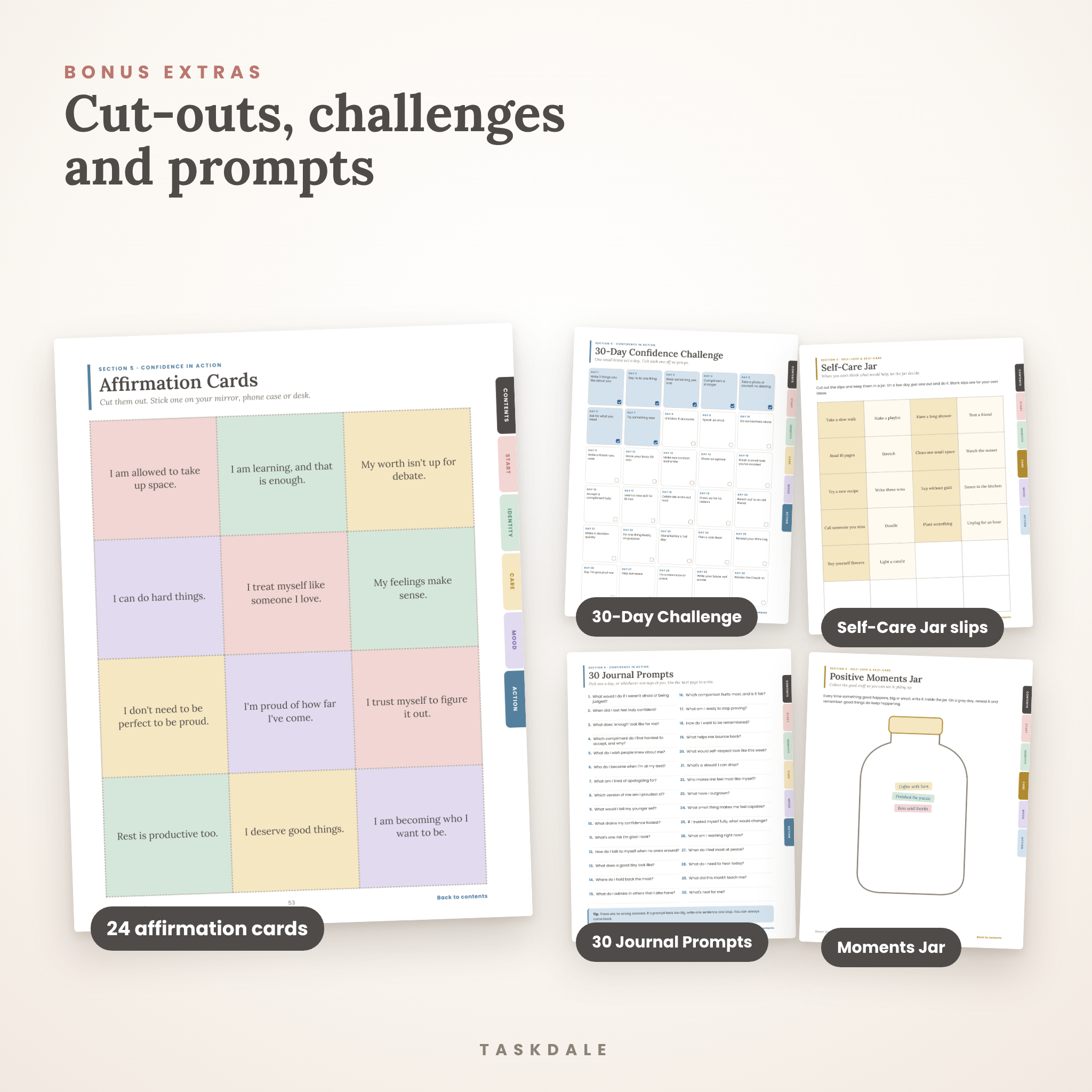 Bonus extras: affirmation cards, 30-day confidence challenge, self-care jar, journal prompts