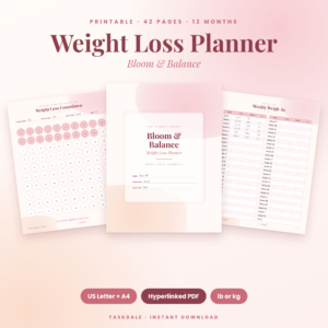 Bloom & Balance printable weight loss planner pages in blush pink