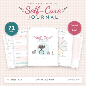 Bloom & Breathe printable self-care journal with 71 pages in color and black and white