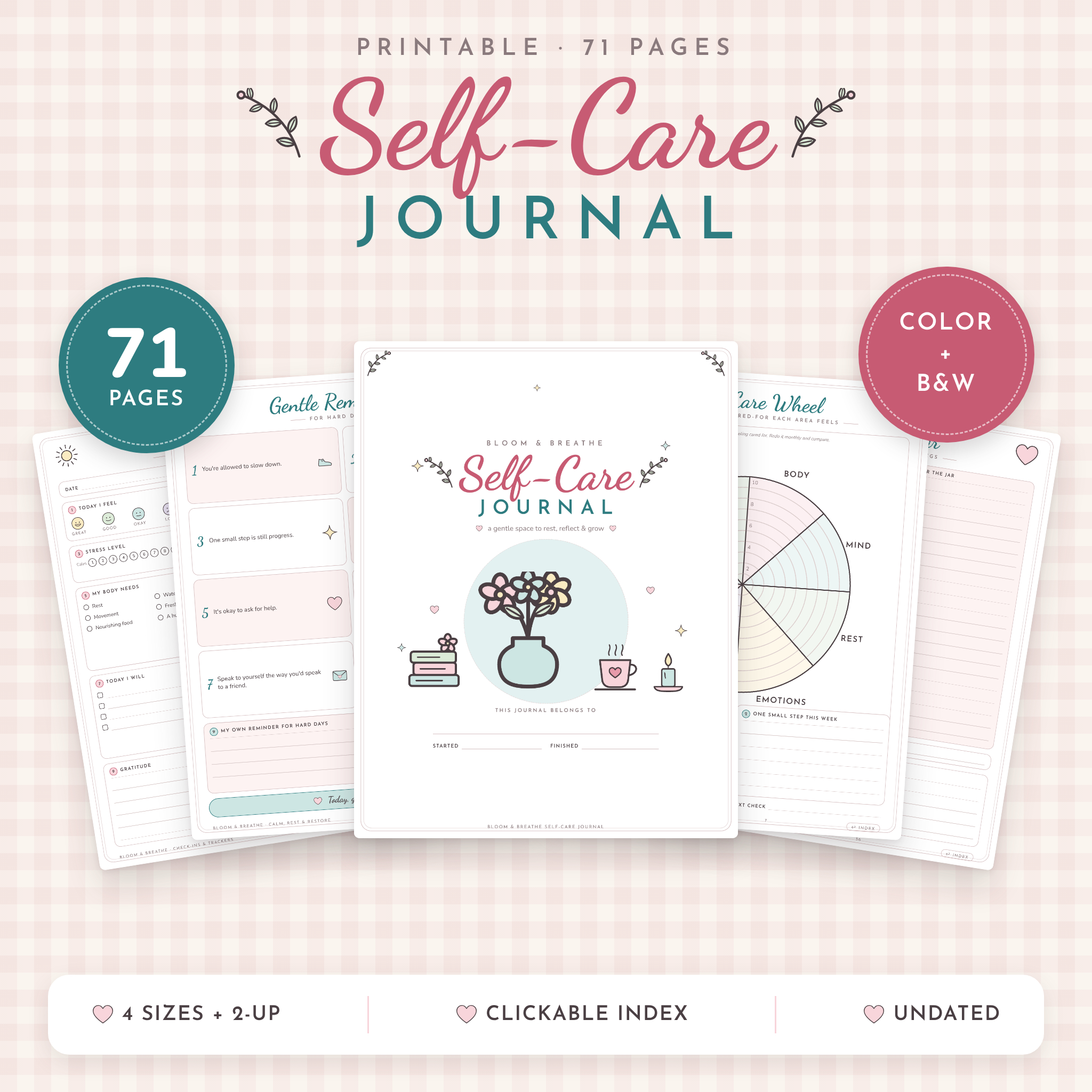 Bloom & Breathe printable self-care journal with 71 pages in color and black and white