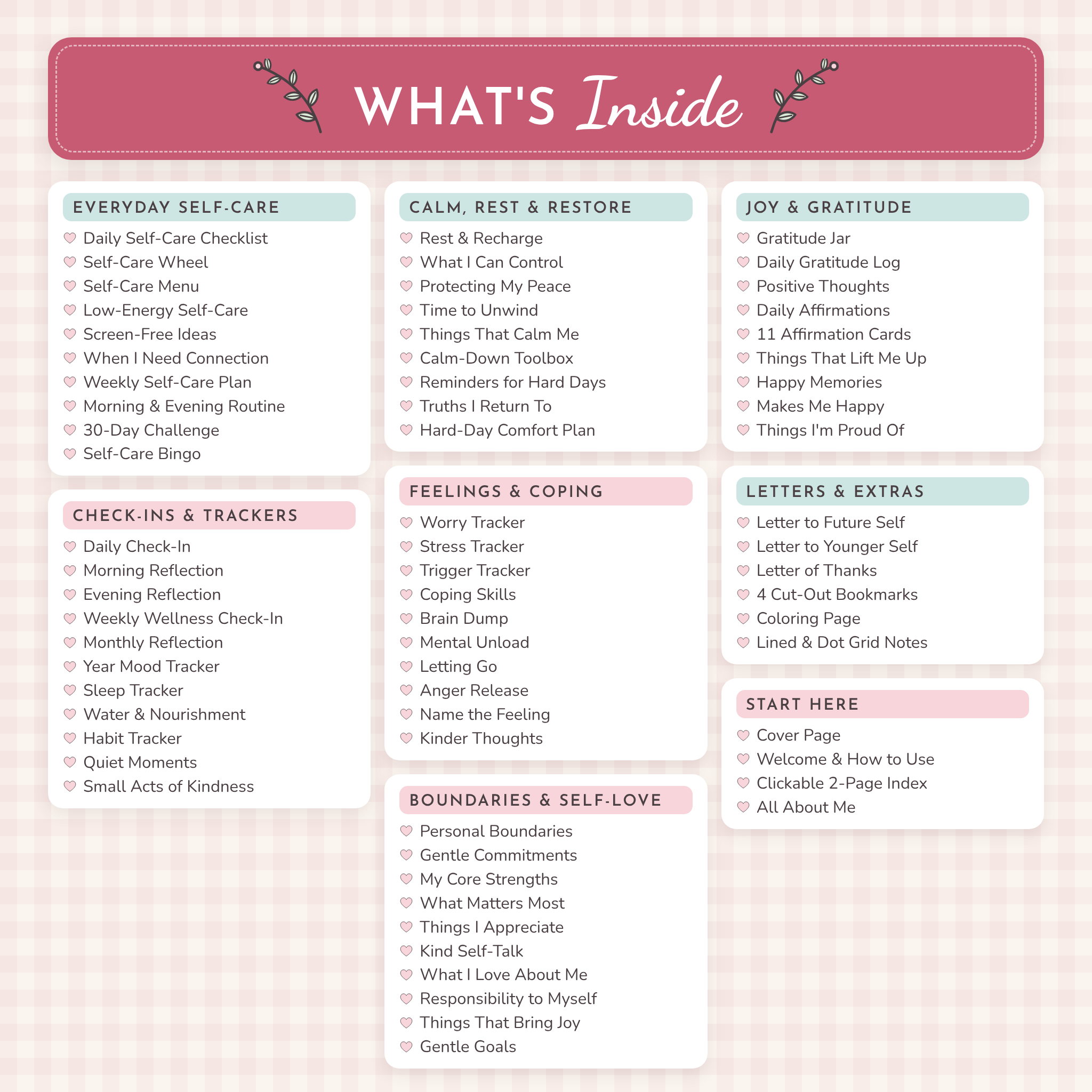 What is inside the self-care journal: full page list by section