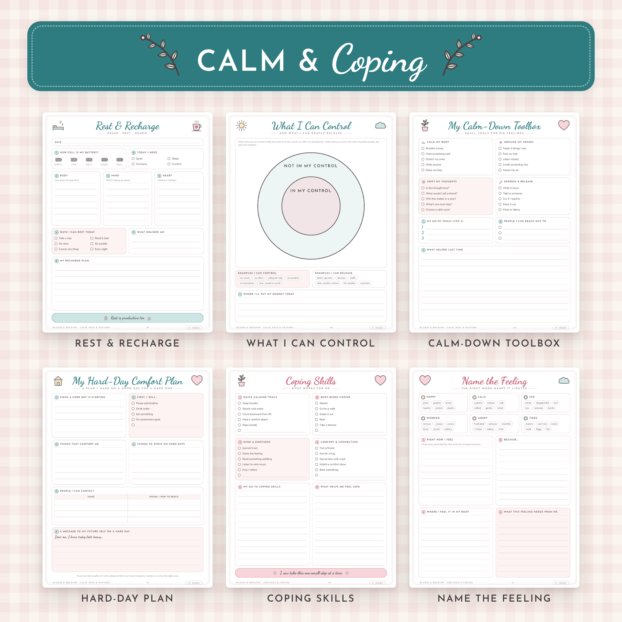 Calm and coping pages including calm-down toolbox and feelings words