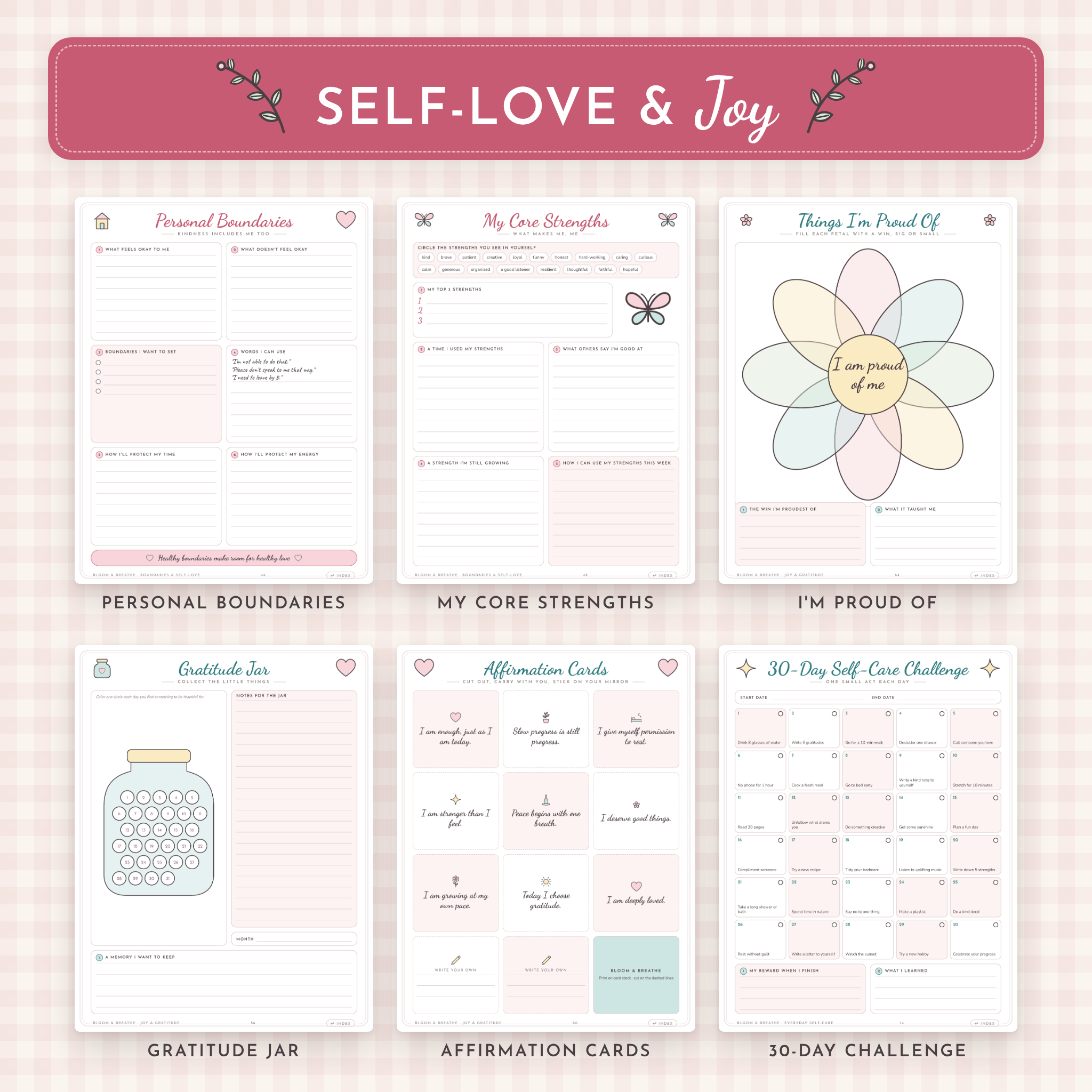 Self-love and gratitude pages, affirmation cards and 30-day challenge
