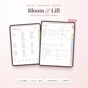 Bloom & Lift digital fitness planner on iPad with planner index and daily workout log