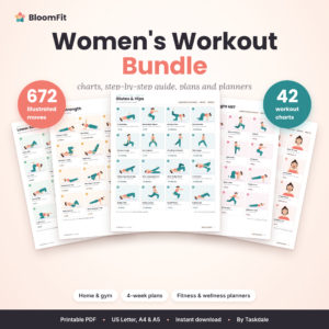 BloomFit women's workout bundle with 42 printable workout charts and 672 illustrated exercises