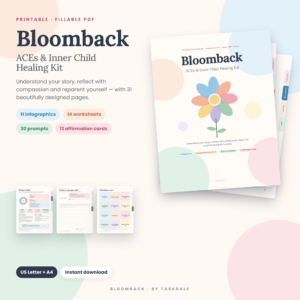 Bloomback ACEs and inner child healing kit cover with printable worksheet pages