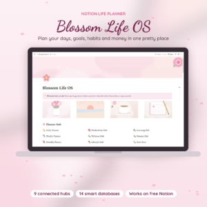 Blossom Life OS Notion life planner dashboard on a laptop