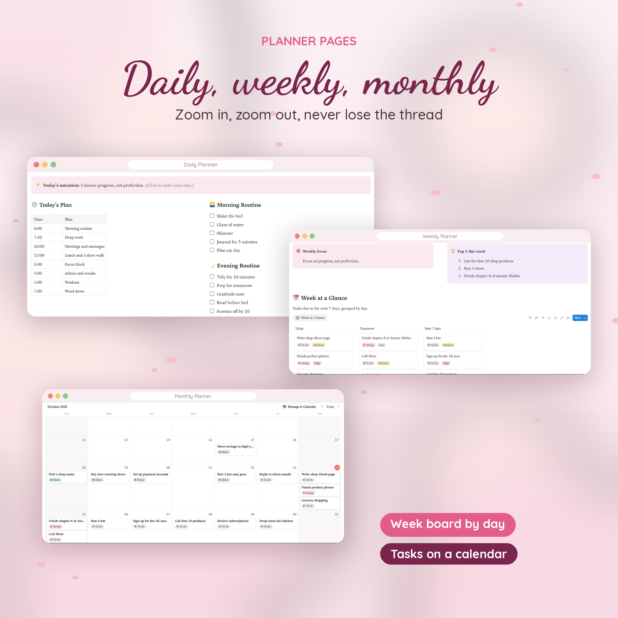 Daily, weekly and monthly planner pages in Notion
