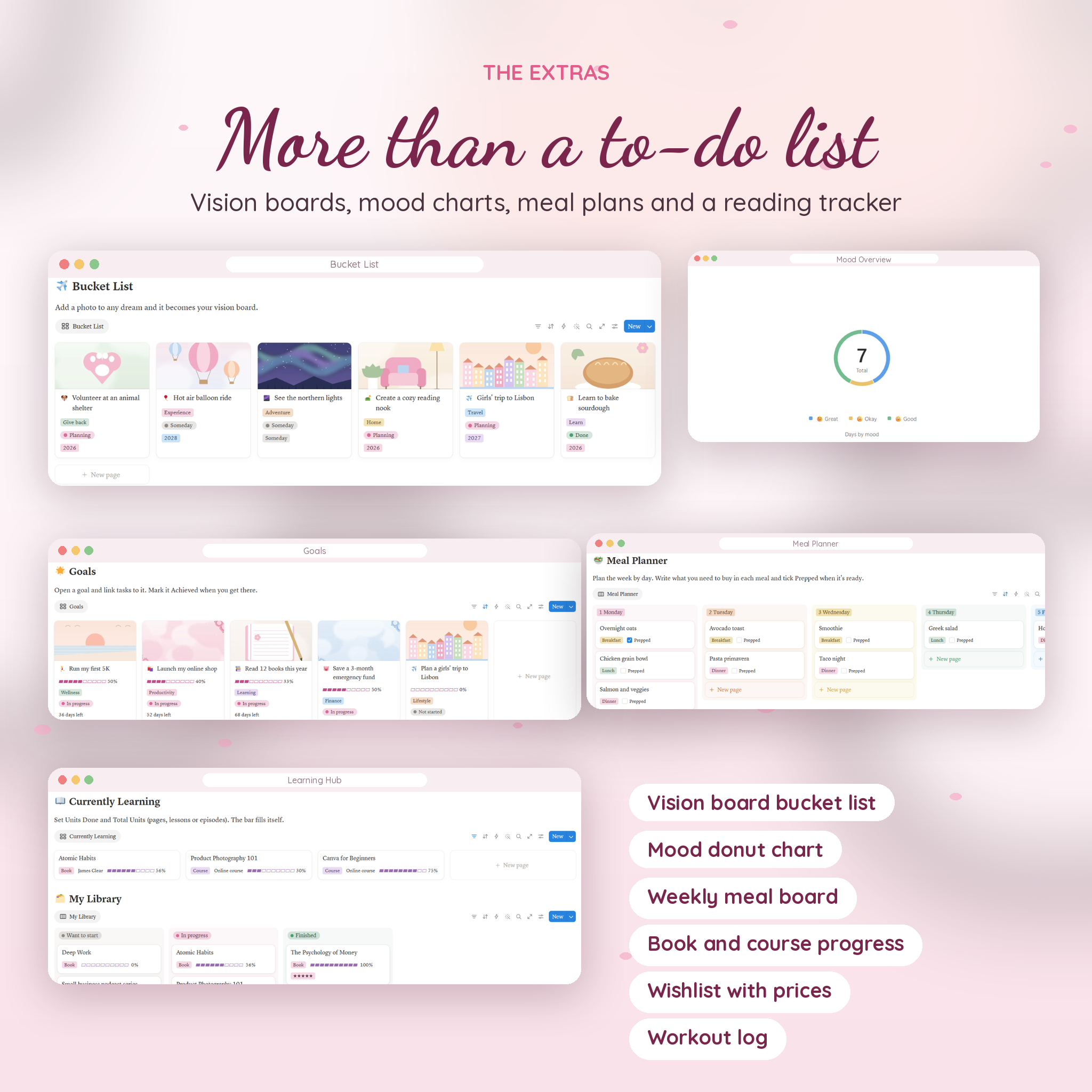 Bucket list vision board, mood chart, meal planner and reading tracker in Notion