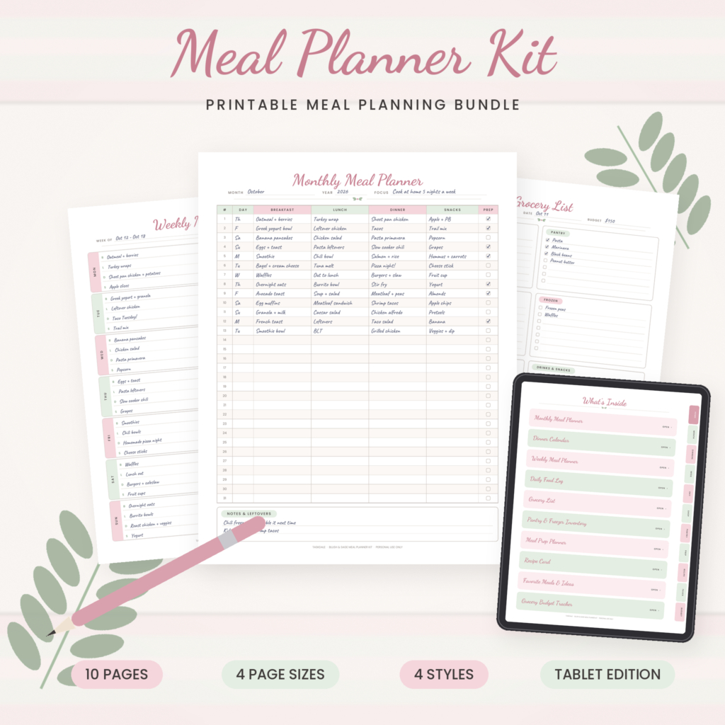Blush and Sage printable meal planner kit with monthly planner, weekly planner, grocery list and tablet edition