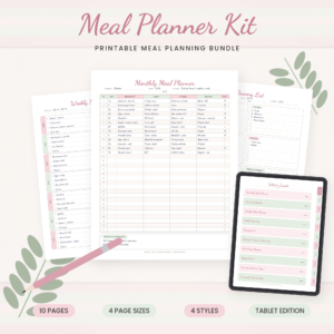 Blush and Sage printable meal planner kit with monthly planner, weekly planner, grocery list and tablet edition