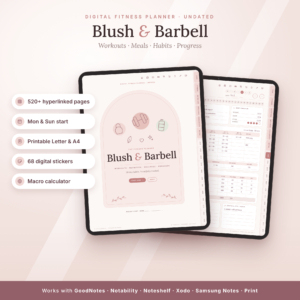 Blush and Barbell digital fitness planner on iPad with cover and daily workout log