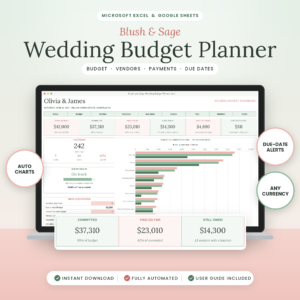 Blush & Sage wedding budget planner spreadsheet dashboard for Excel and Google Sheets