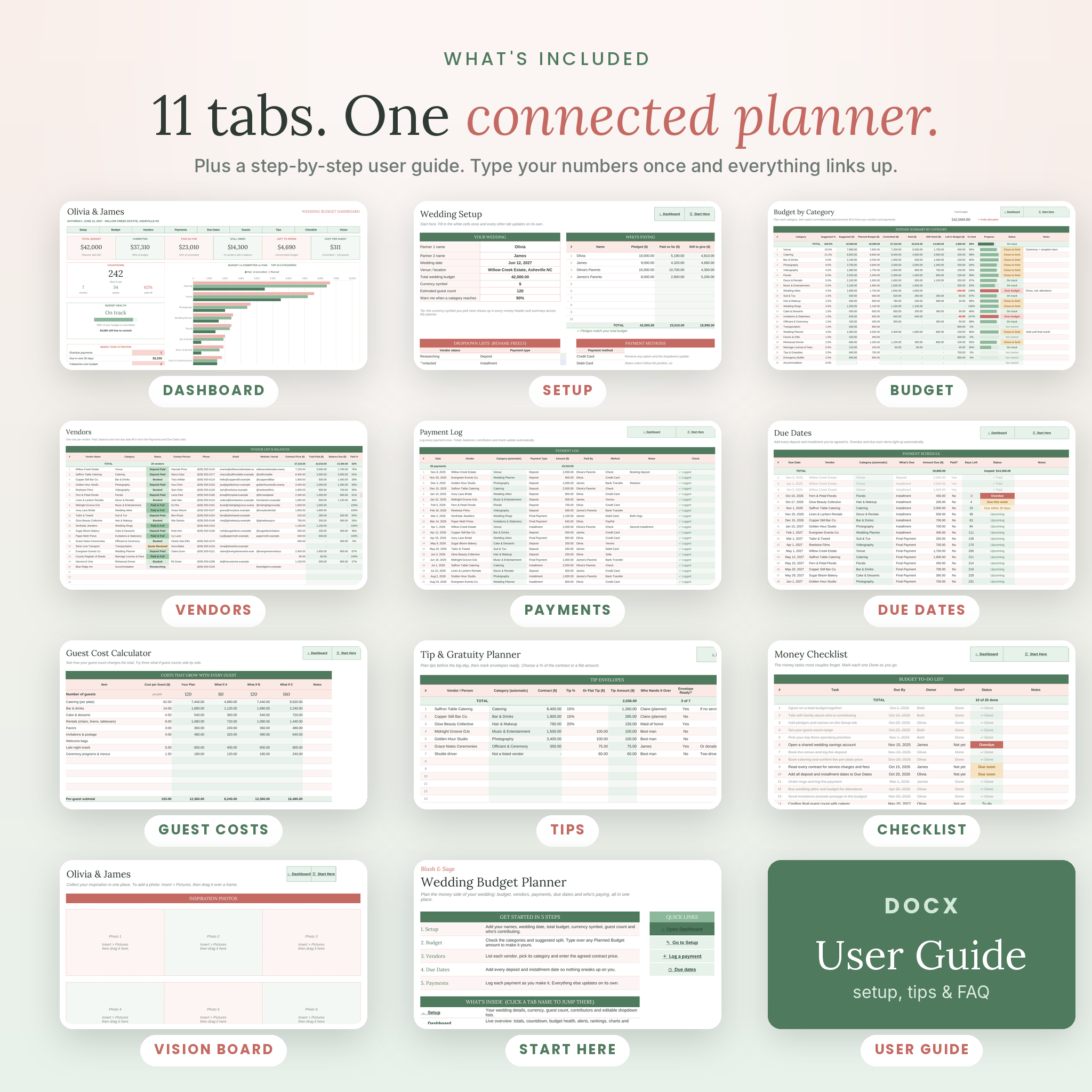 What's included: 11 linked tabs plus user guide