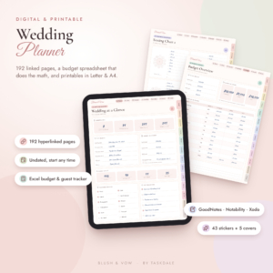 Blush & Vow digital wedding planner on iPad with budget and seating pages