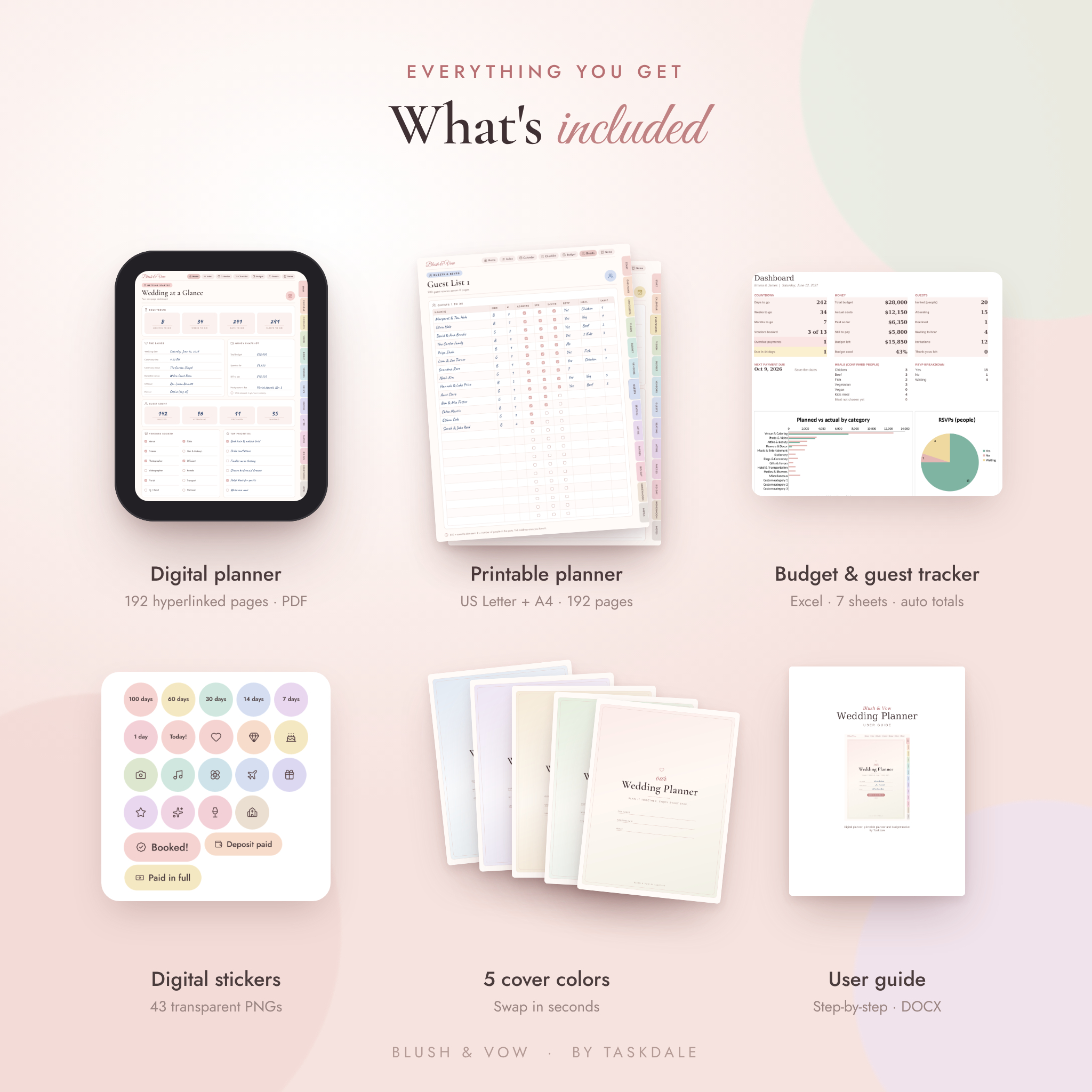 What's included: digital planner, printables, Excel tracker, stickers, covers, guide
