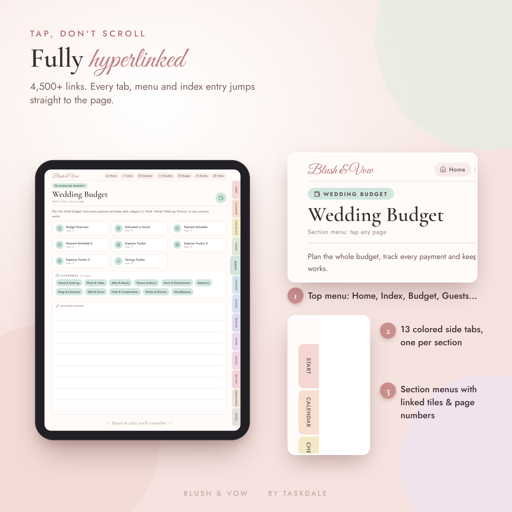 Hyperlinked wedding planner with side tabs, top menu and section menus
