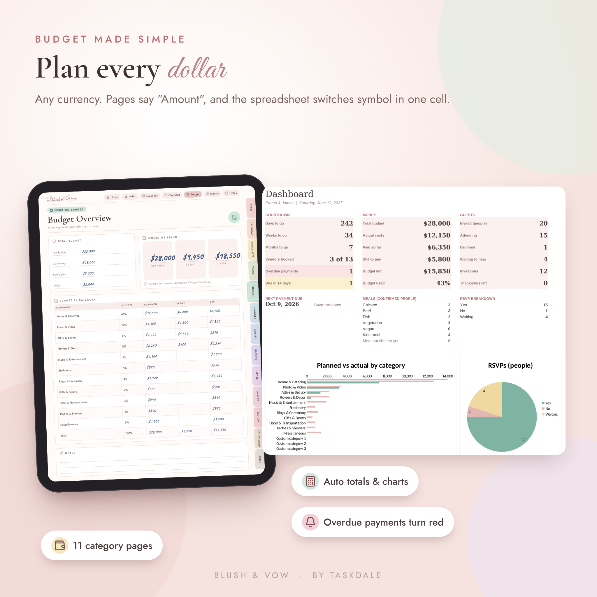 Wedding budget planner pages and Excel budget dashboard