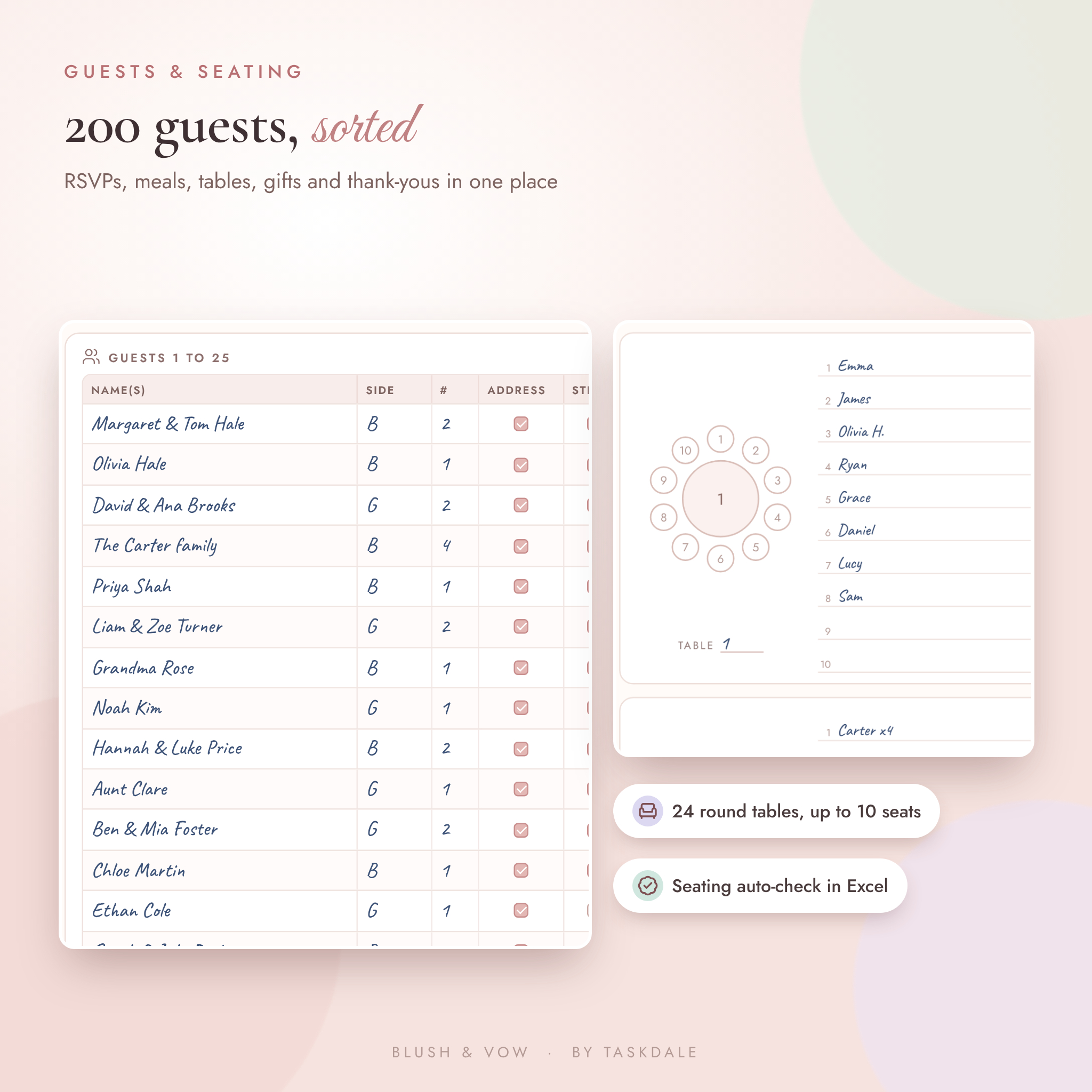Wedding guest list and seating chart pages