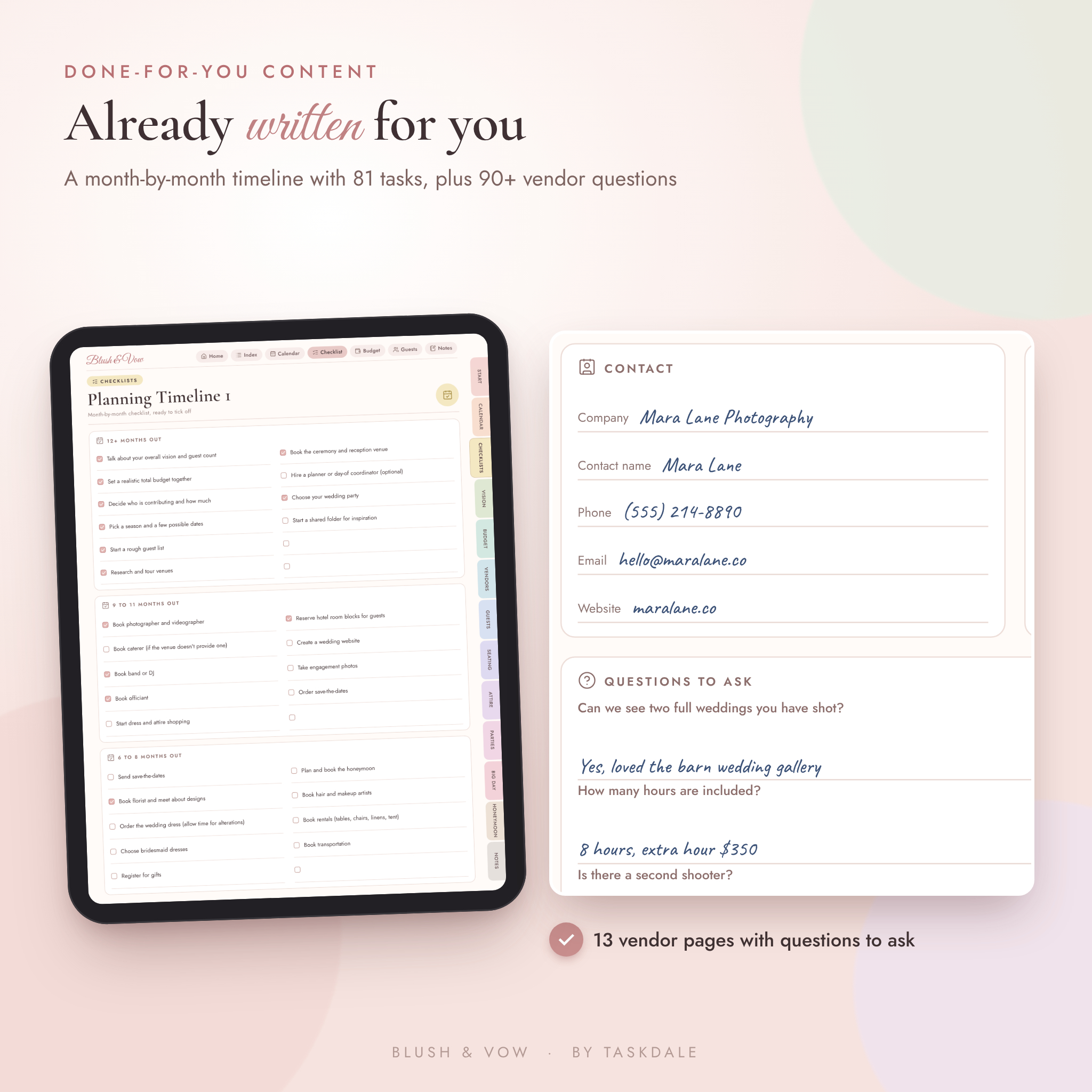 Wedding planning timeline checklist and photographer vendor questions