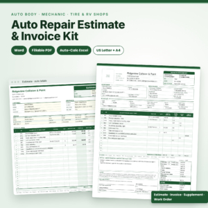 Bodyline auto repair estimate and invoice template kit with Word, fillable PDF and Excel versions
