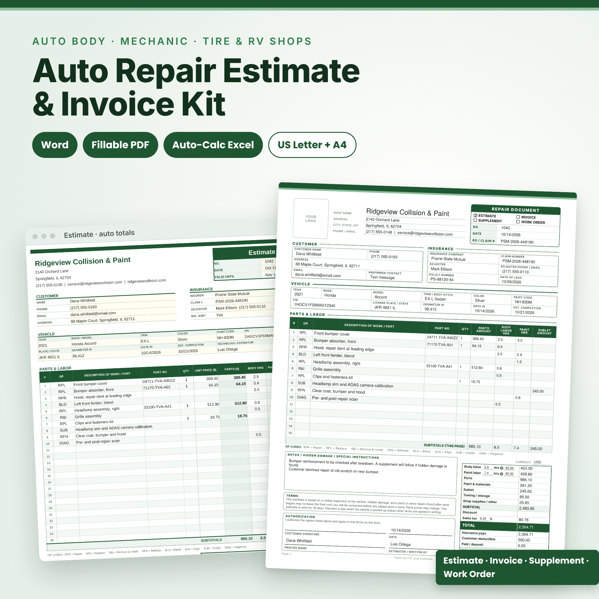 Bodyline auto repair estimate and invoice template kit with Word, fillable PDF and Excel versions