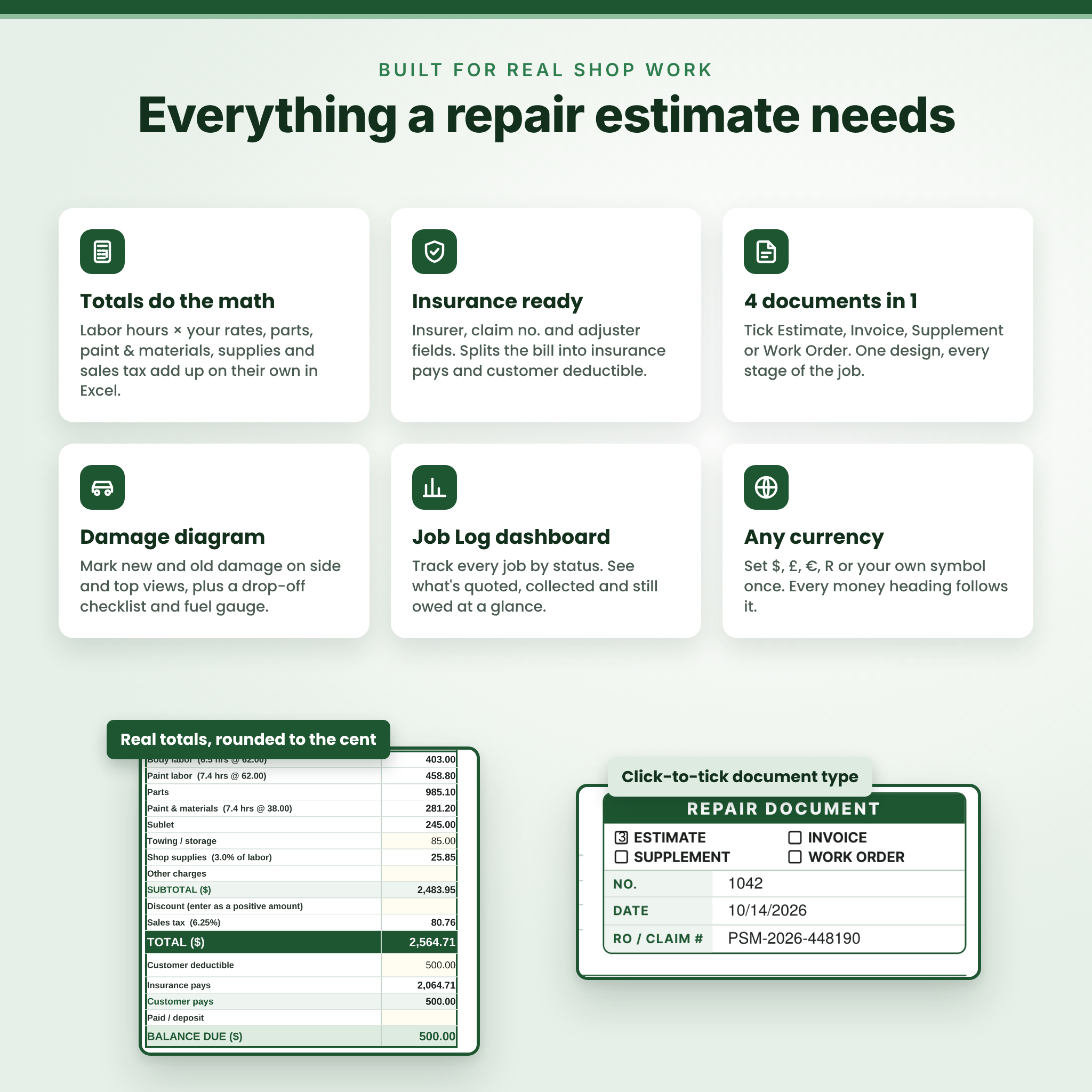 Auto body estimate template features: auto totals, insurance split, damage diagram