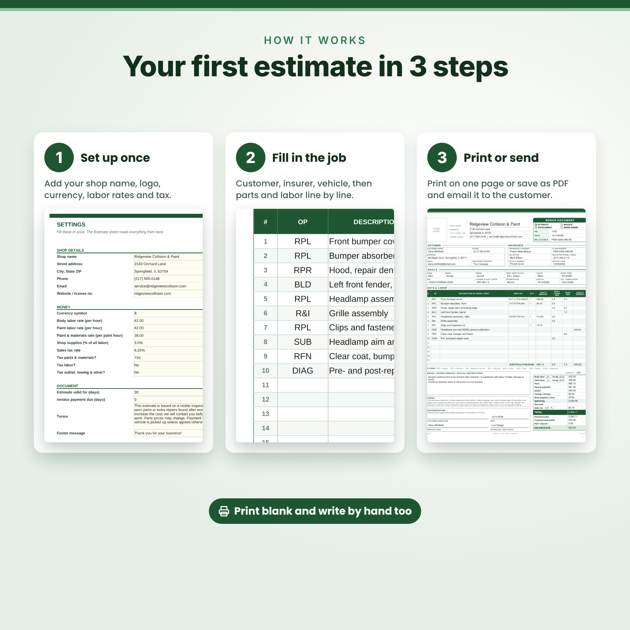 How to fill in the auto repair estimate template in 3 steps