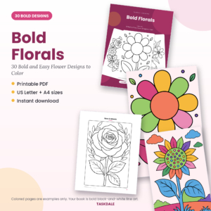Bold Florals printable coloring book with 30 bold and easy designs