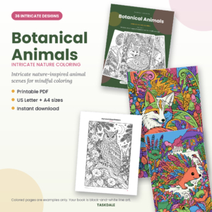 Botanical Animals printable intricate coloring book with 36 detailed designs