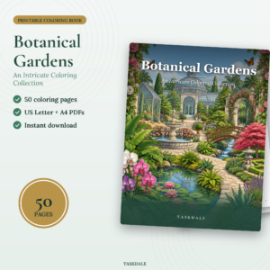 Botanical Gardens coloring book printable PDF for adults, 50 intricate garden coloring pages
