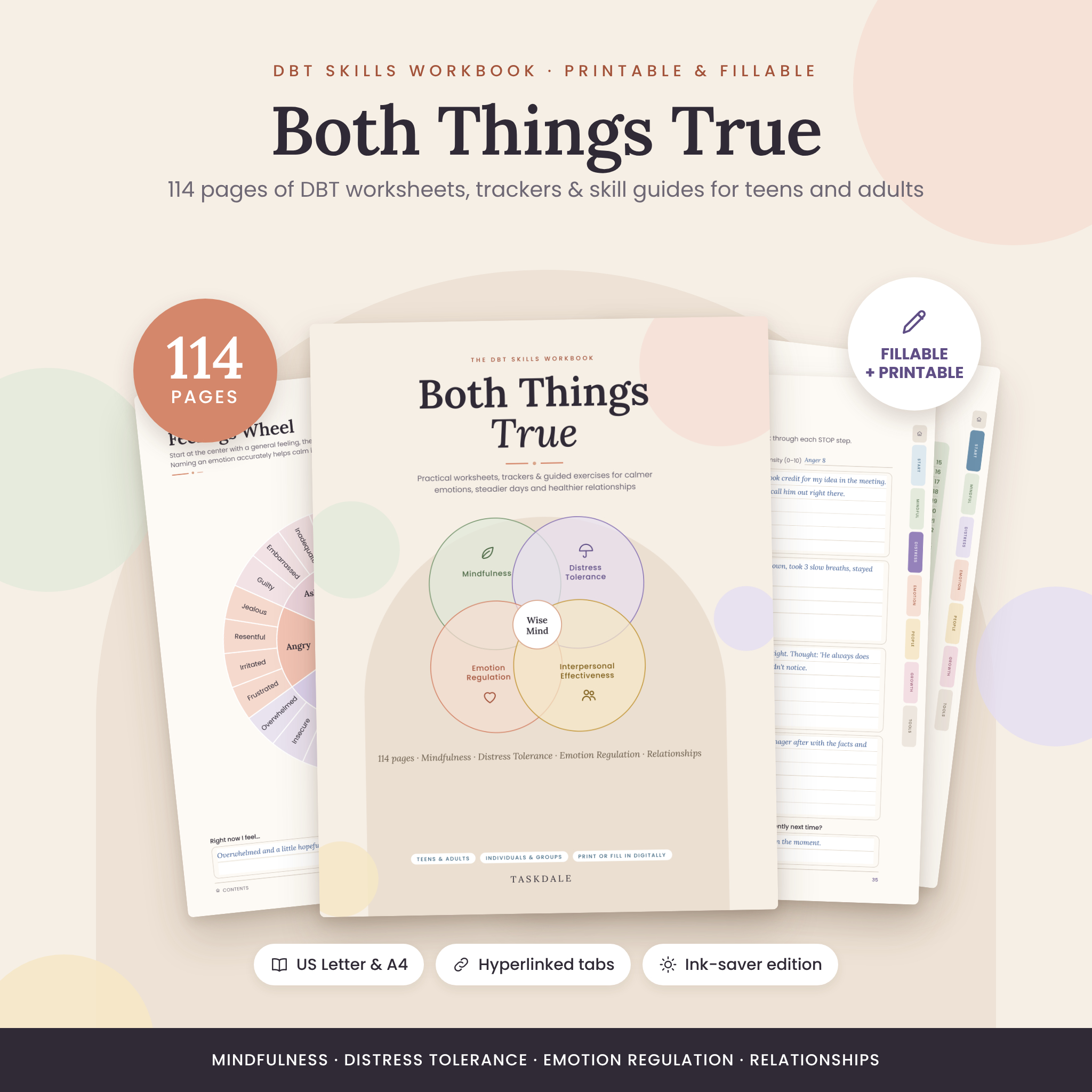 Both Things True DBT workbook cover with 114 pages, printable and fillable
