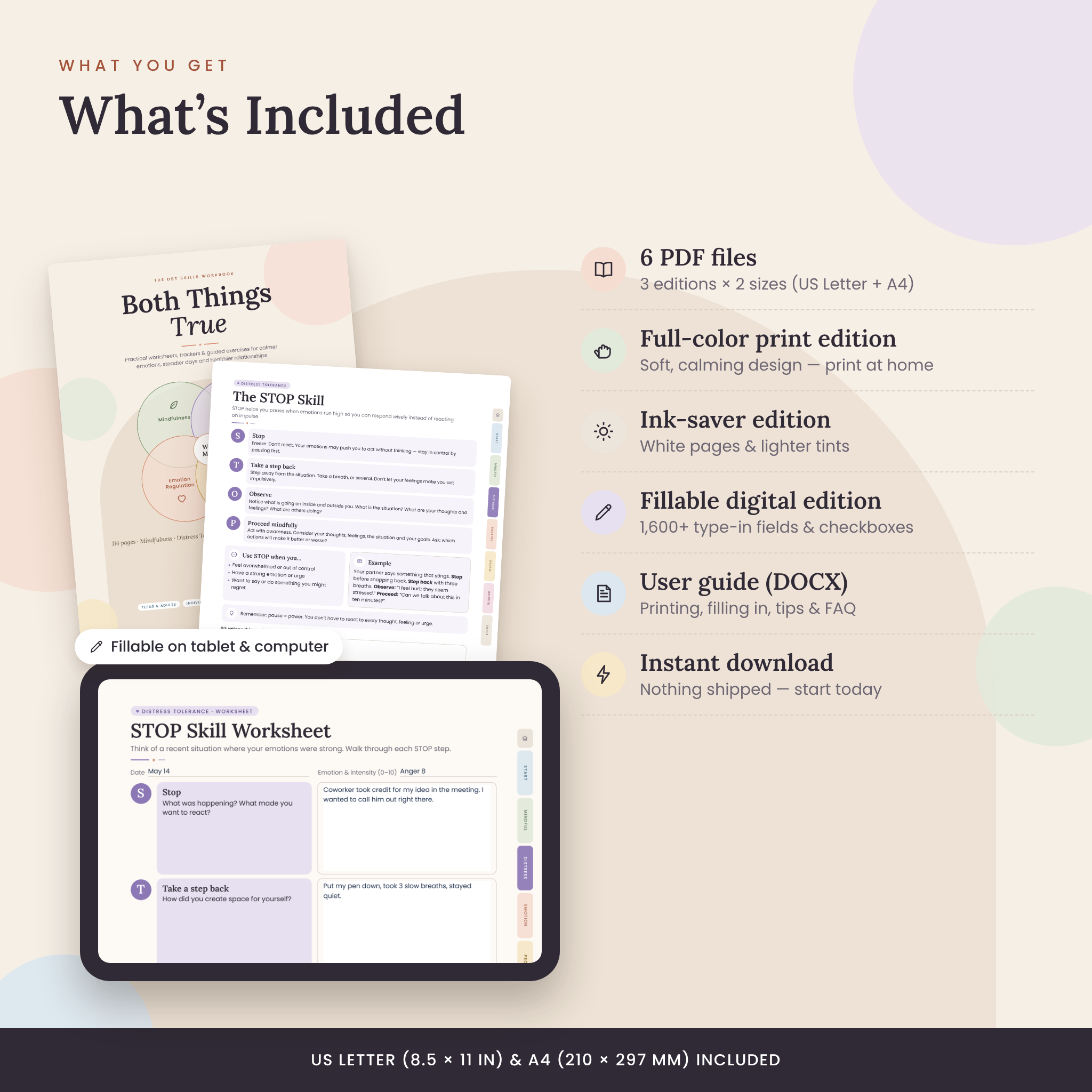What is included: full color, ink saver and fillable DBT workbook PDFs plus user guide