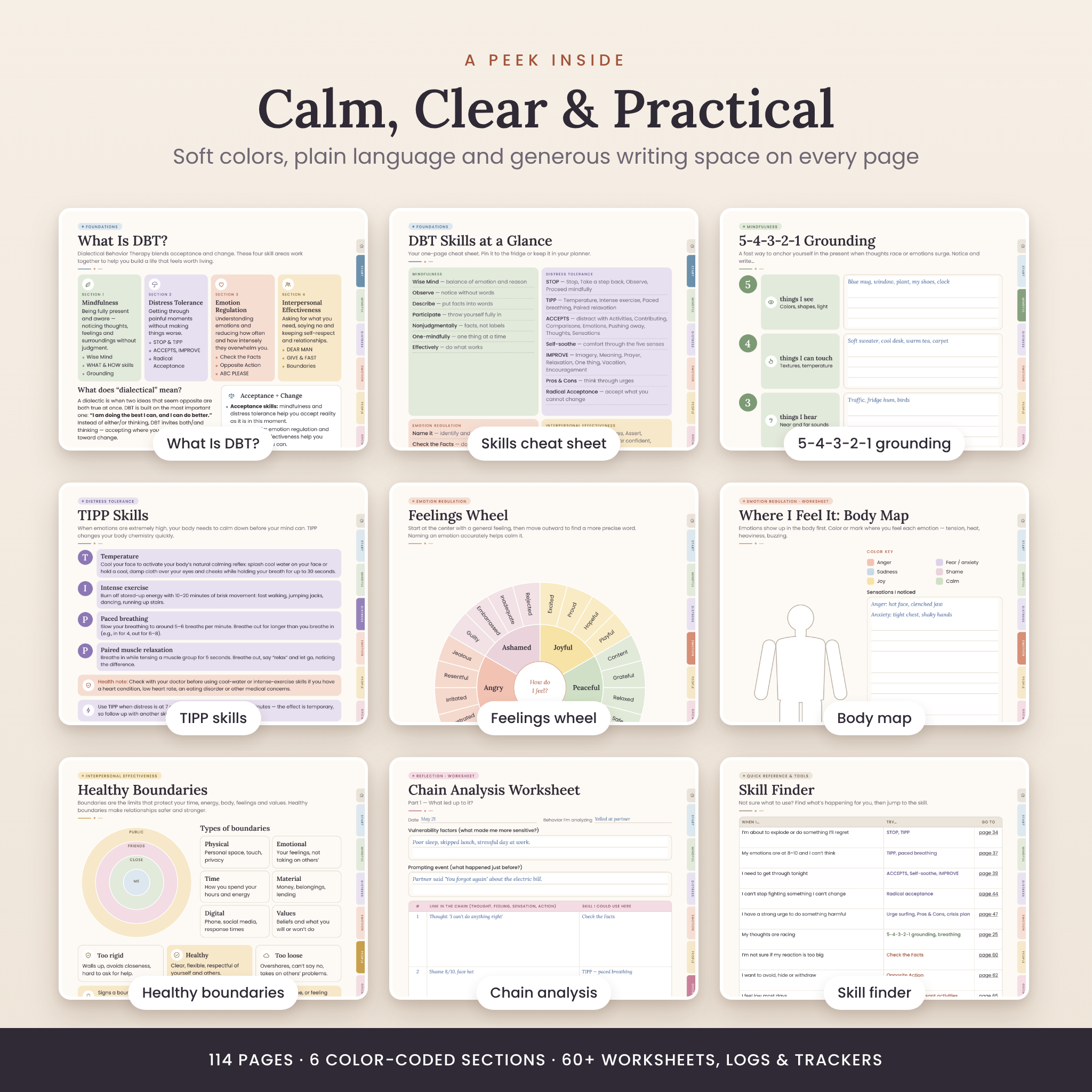 Inside the DBT workbook: skills cheat sheet, feelings wheel, body map, TIPP and chain analysis pages