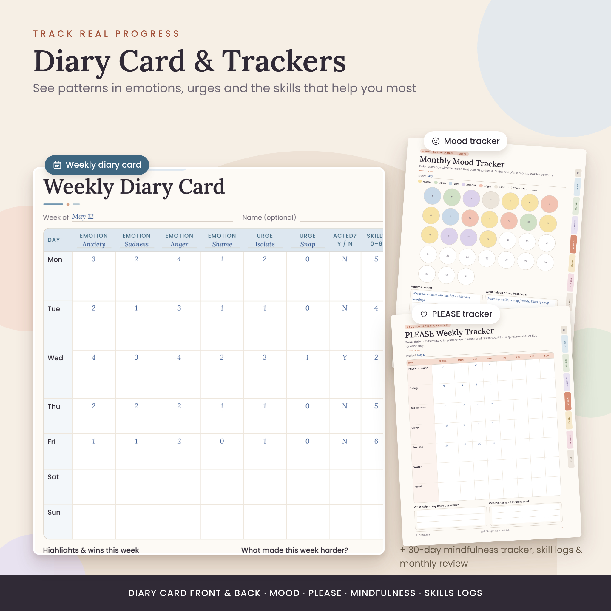 DBT diary card, mood tracker and PLEASE tracker pages
