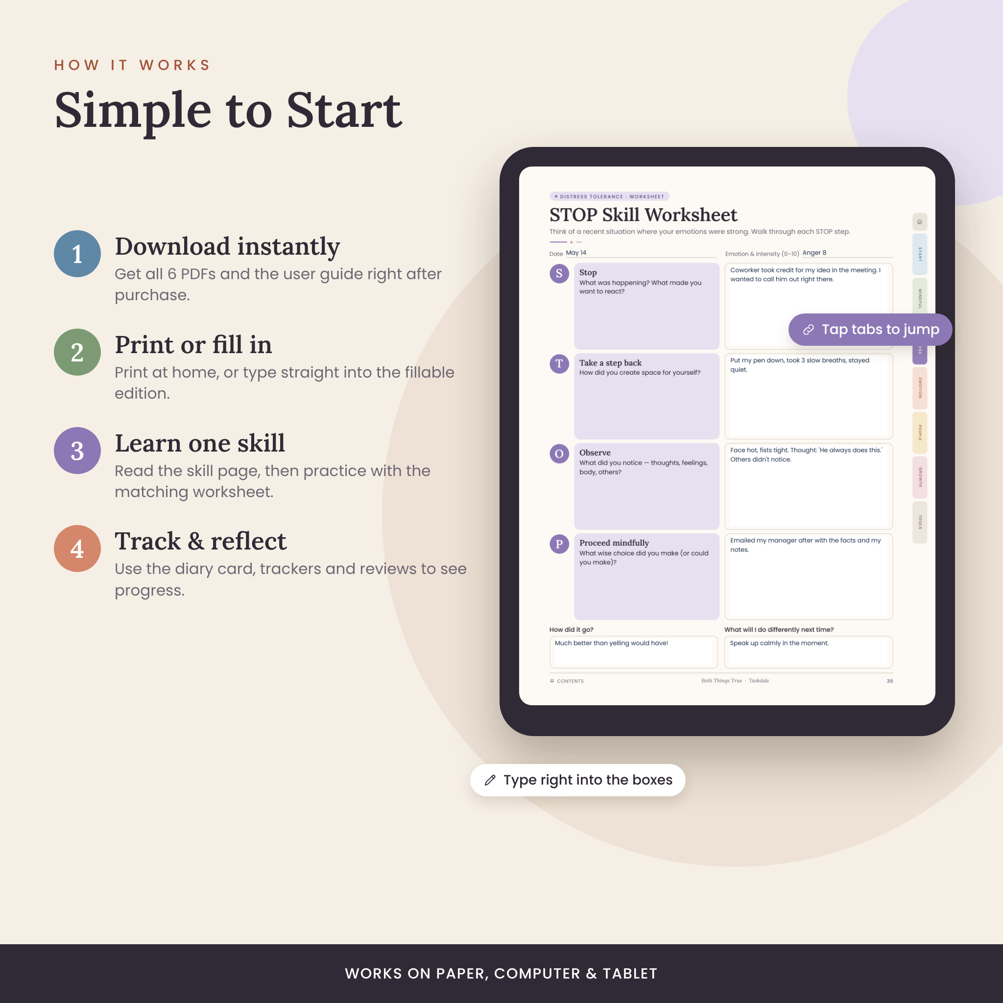How the DBT workbook works: download, print or fill in, learn one skill, track progress