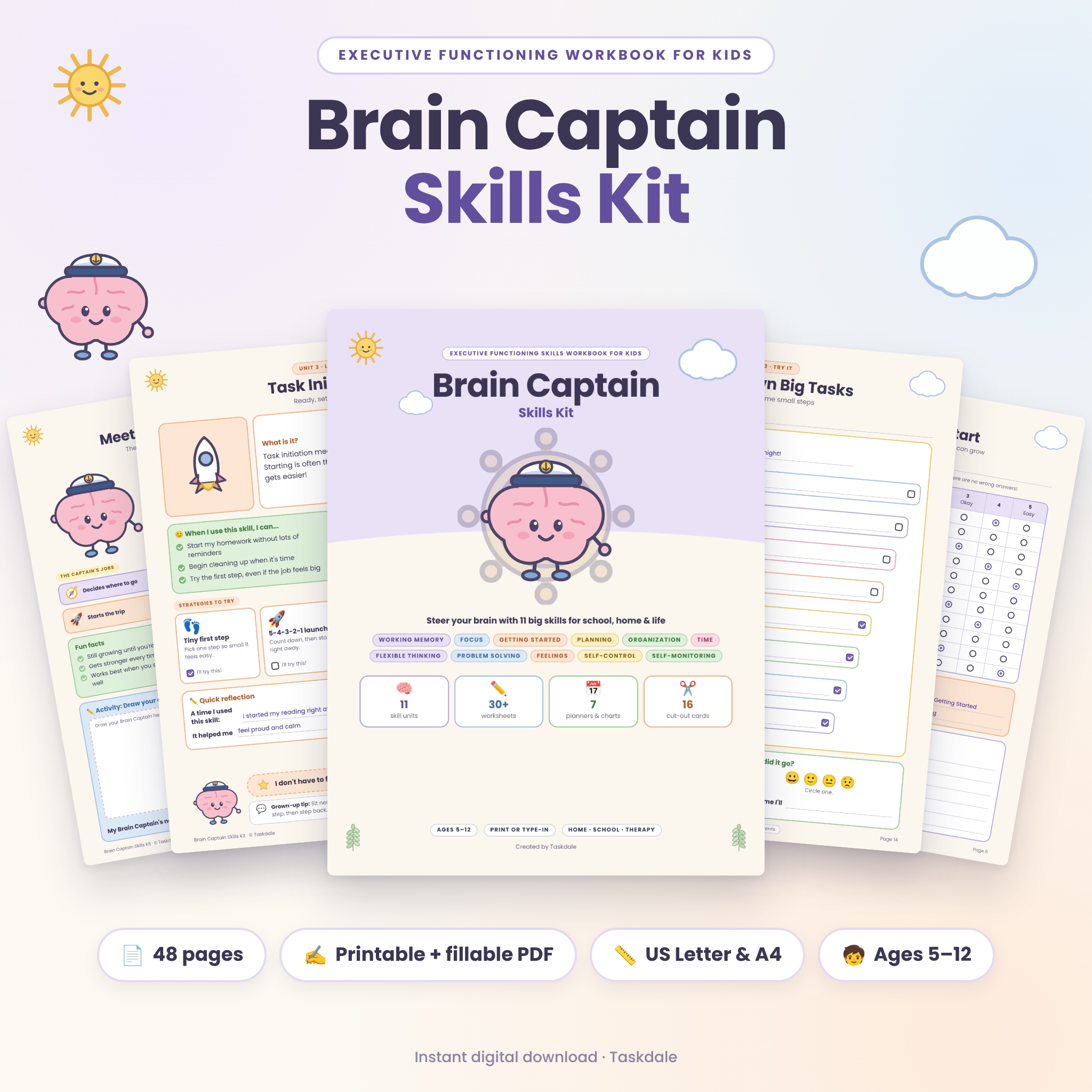Brain Captain Skills Kit executive functioning workbook for kids cover and pages