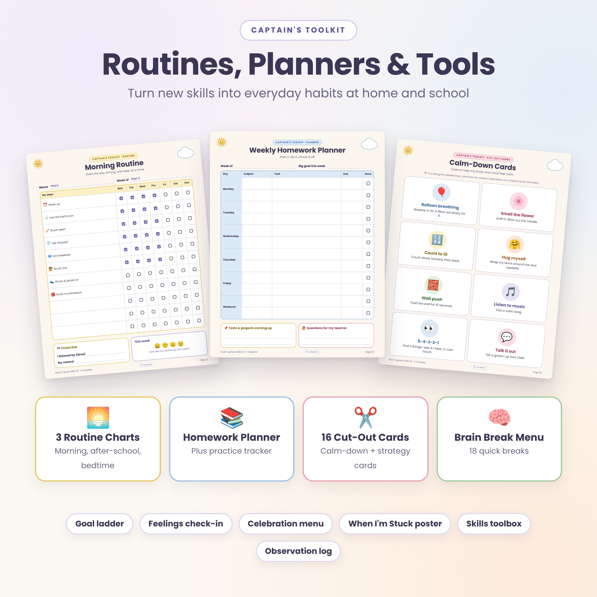 Kids routine charts, homework planner and calm down cards