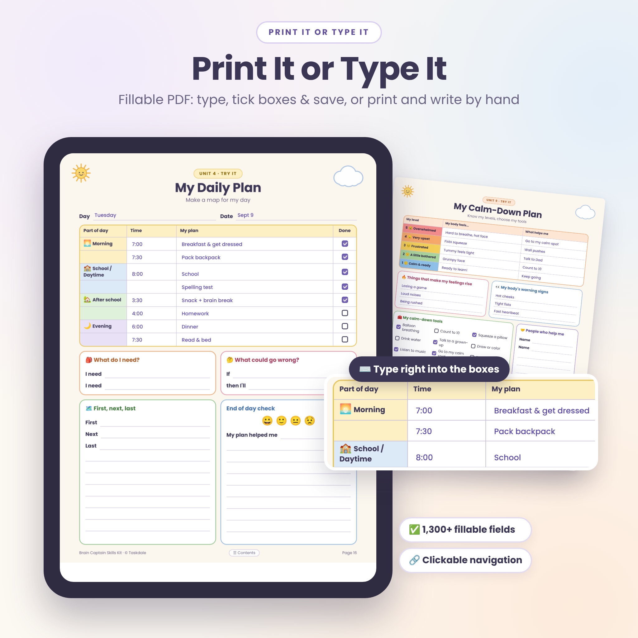 Fillable PDF executive functioning worksheet on a tablet