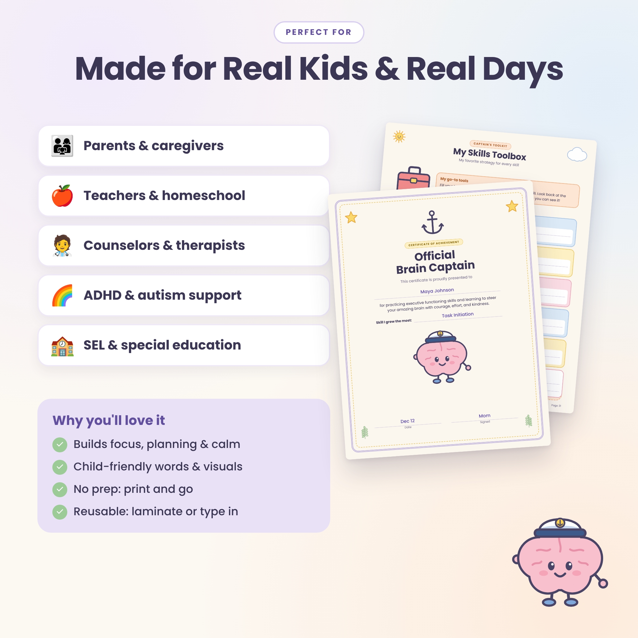Executive functioning worksheets for parents, teachers and therapists