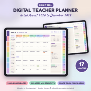 Bright Bell digital teacher planner 2026-2027 shown on tablets with weekly and daily pages