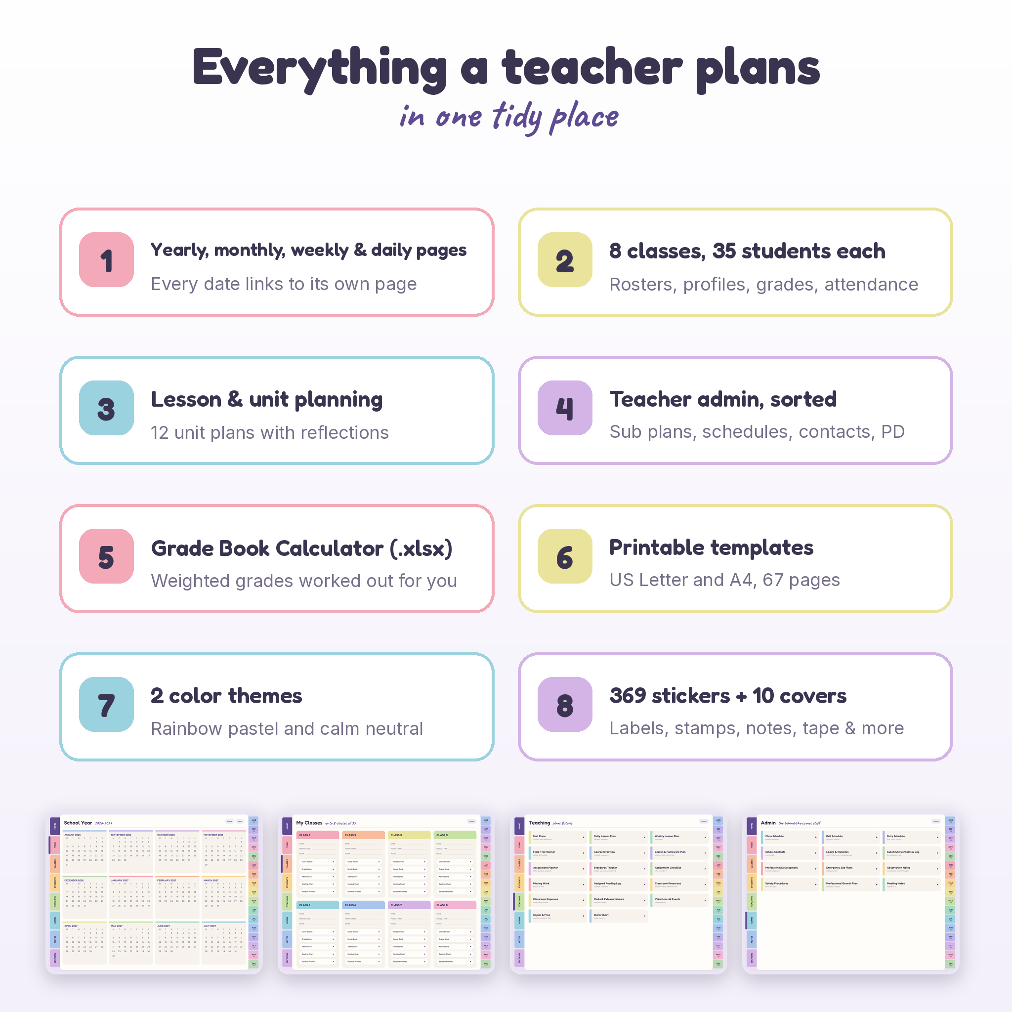 Feature list of the digital teacher planner