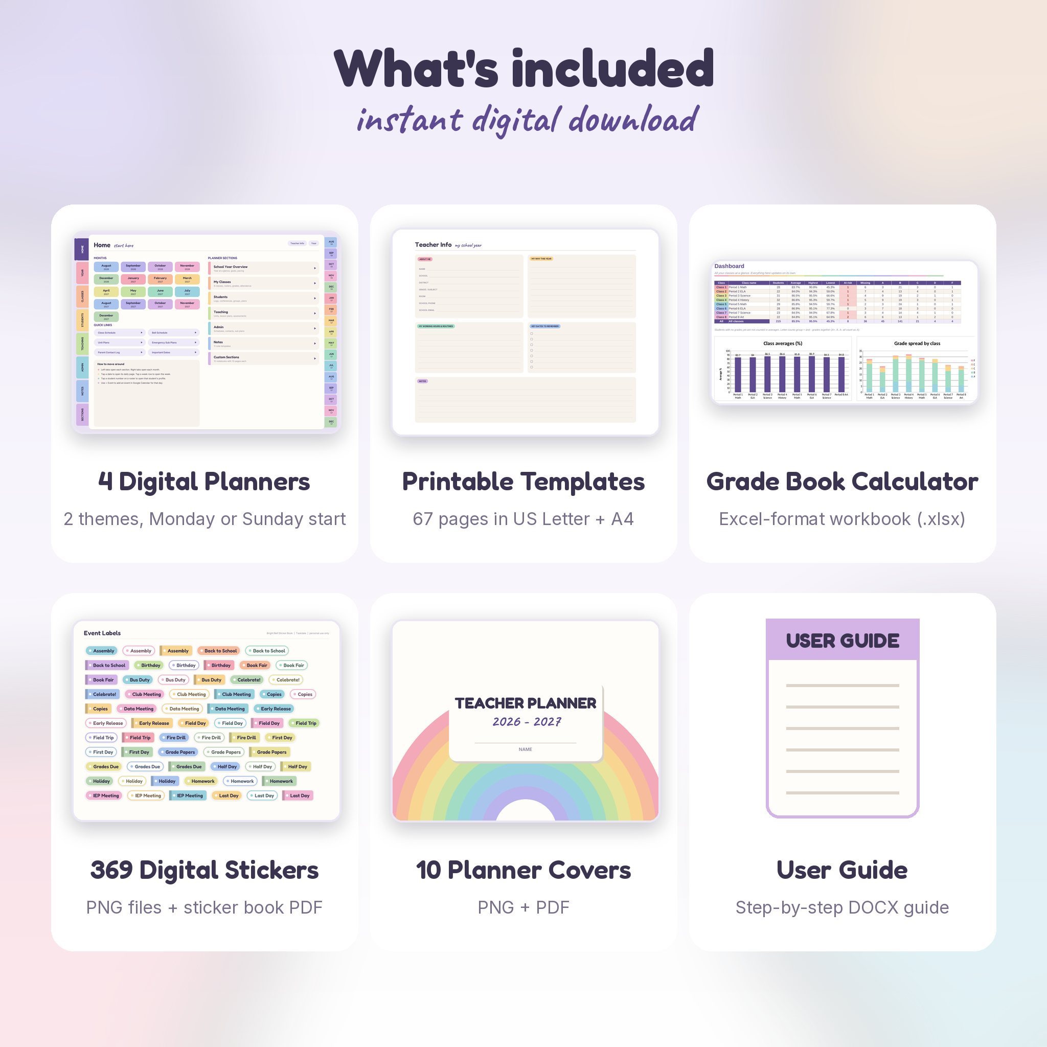 Files included: digital planners, printable templates, grade book, stickers, covers, guide