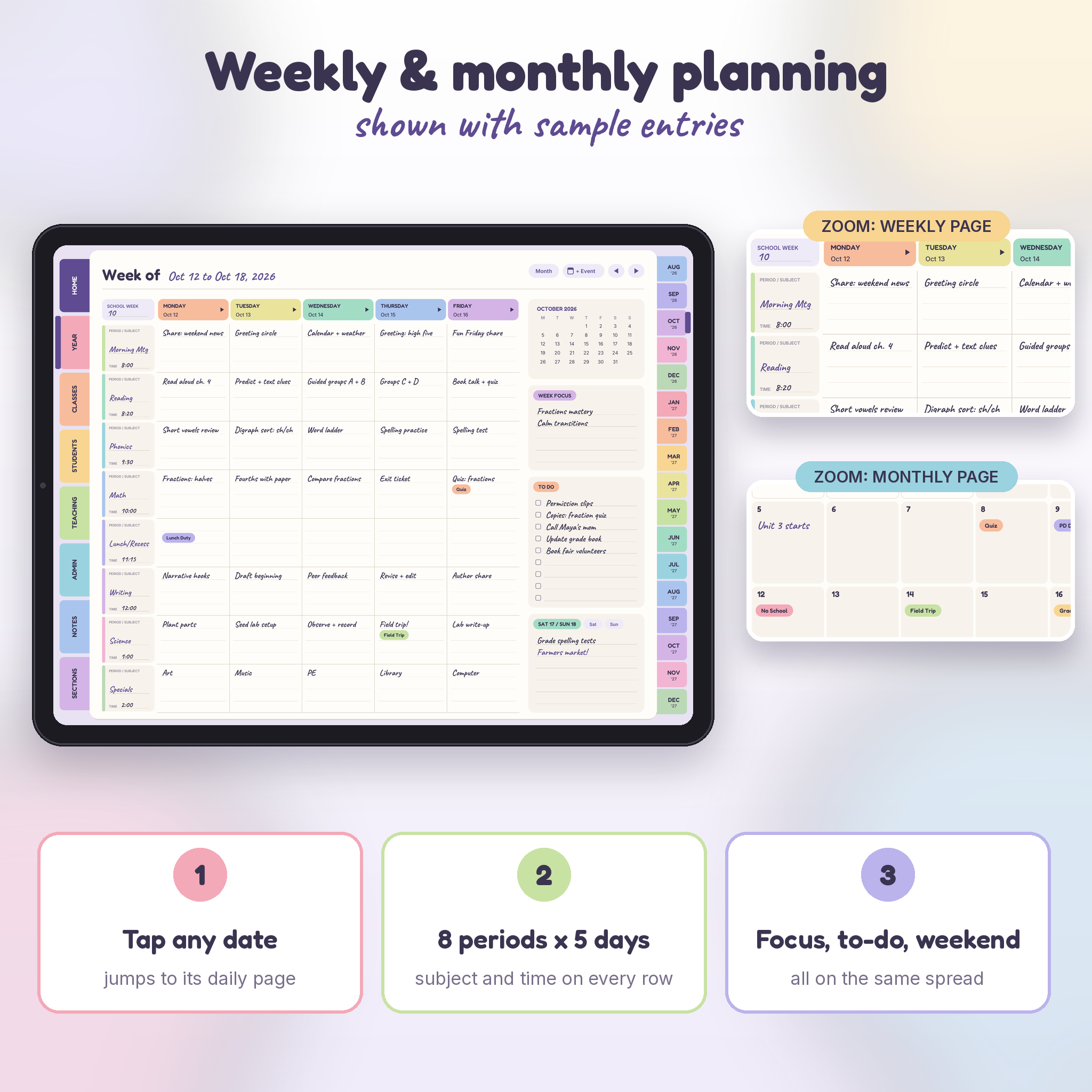 Weekly lesson planner and monthly calendar pages with zoomed details