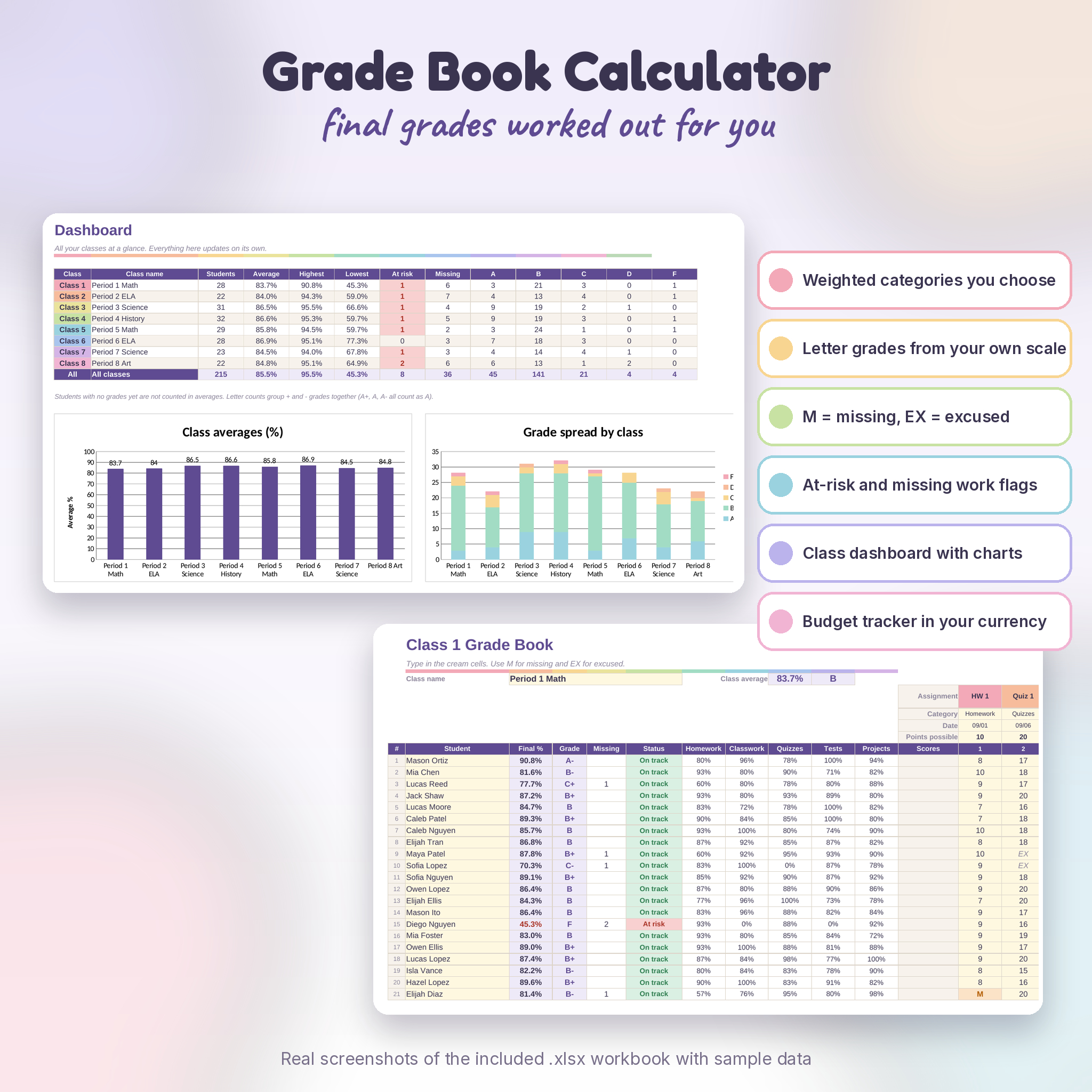 Grade Book Calculator spreadsheet dashboard and class grade book