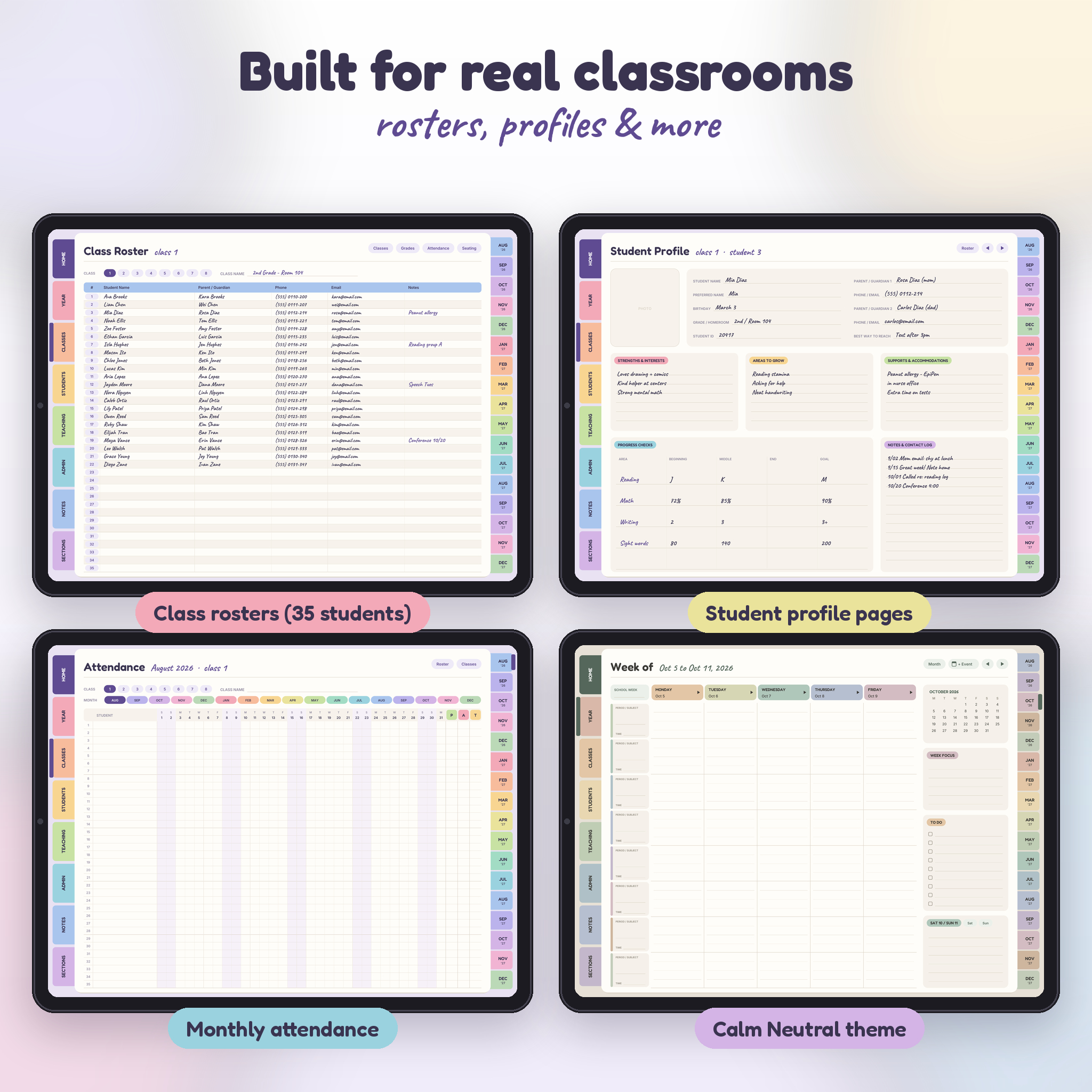 Class roster, student profile, attendance and neutral theme pages